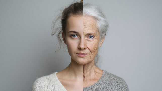 Pensive young and old woman face comparison concept showing life cycle. Before and after portrait of aging process over time and change