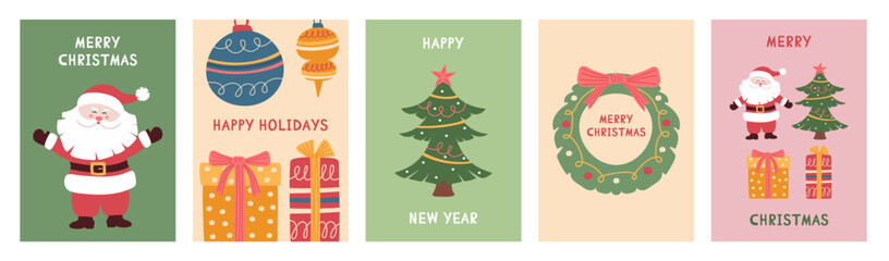 A set of five Christmas greeting cards featuring Santa Claus, a gift, a Christmas tree, and a Christmas tree ornament. A festive holiday season concept.