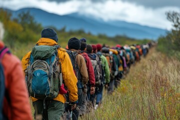 Group of Mexican migrants crossing desert border with backpacks and supplies.