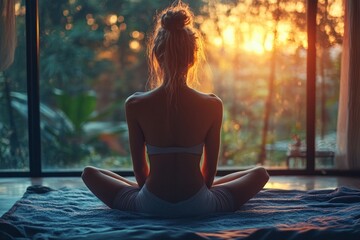 Woman practicing sunrise meditation in serene bedroom setting for mental wellbeing.