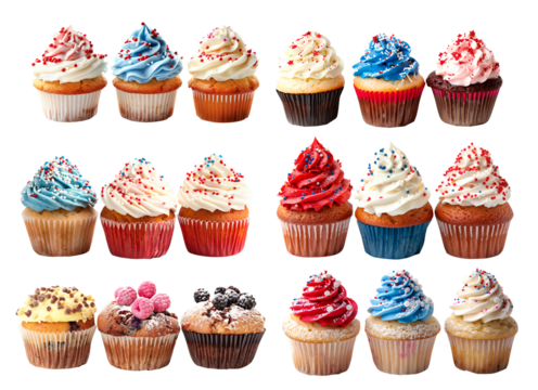 A freshly baked cupcake or muffin topped with rich creamy frosting and chocolate sprinkles, perfect for celebrations. Isolated on white transparent background - Powered by Adobe