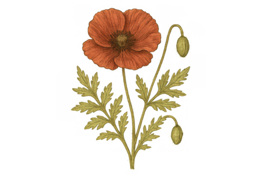 Poppy flower botanical illustration with red petals and green leaves, vintage engraved plant on transparent background