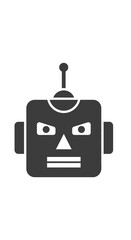 Obraz premium A simple, dark grey, stylized robot head icon with an antenna, angry eyes, and a square face.
