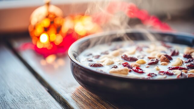 laba. Steaming bowl of Laba porridge with dates and nuts on wooden table. menu design, packaging mockups, designed for culinary blogs and recipe cards for restaurants, supports restaurant marketing.