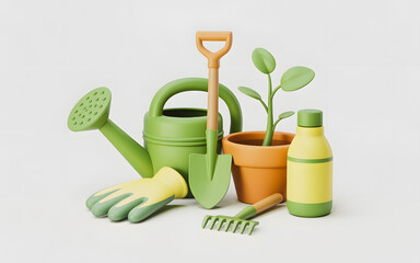 Green gardening set featuring watering can shovel flowerpot gloves rake and bottle on clear background