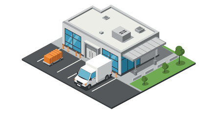 Obraz premium Modern isometric warehouse with parking and delivery truck