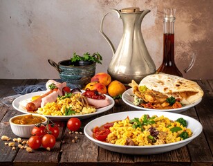Rustic Wooden Tabletop with Hearty Breakfast Meal