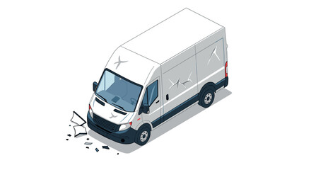 Naklejka premium Damaged white delivery van with broken side window in isometric view