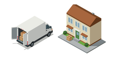 Isometric moving truck and house with cardboard boxes for home relocation