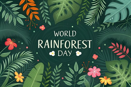 Vibrant illustration celebrating world rainforest day with lush green foliage colorful tropical flowers and a central text message promoting environmental awareness and conservation efforts