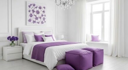 Elegant bedroom interior with purple accents and a modern, bright design