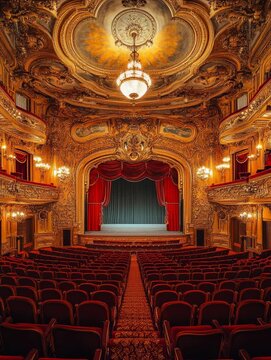 Luxurious vintage theater with red seats, ornate golden decor, grand chandelier and closed curtain on stage