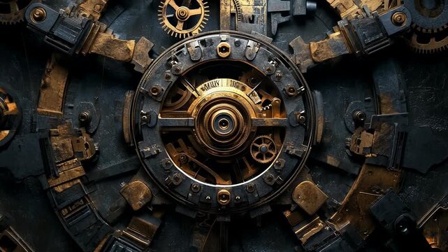 Dark steampunk machine core with gears, bolts and metal rings forming detailed circular mechanical structure