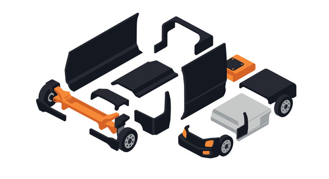 Isometric car parts diagram with exploded view for mechanical design