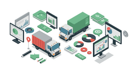 Obraz premium Isometric logistics management with data analytics and delivery trucks