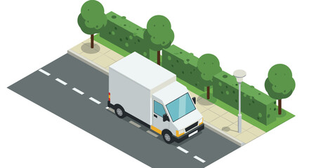 Isometric delivery truck on urban street with greenery and lamp post