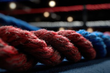 Red and blue boxing ropes detail captured in a vibrant setting highlighting the tension and excitement of a competitive fight atmosphere
