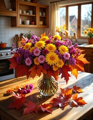 Autumn bouquet of colorful flowers with leaves on kitchen table  