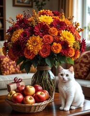 White cat sitting next to vibrant autumn bouquet and apples  