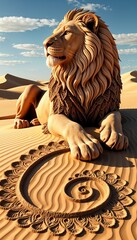 Majestic lion sculpture resting in desert sand with intricate design  