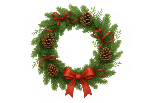 Christmas wreath with pine cones and red ribbon bows, festive winter holiday decoration, transparent background