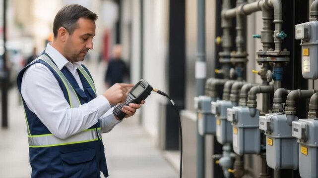 Caucasian man gas technician inspects and works with measurement device on gas meter infrastructure footage