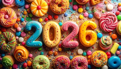 Candy-themed 2026 digits with colorful sweets on pink and blue background for editorial New Year photography festive celebration decor and poetic joy-themed visuals