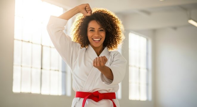 Smiling woman in karate uniform celebrates a martial arts victory - Powered by Adobe