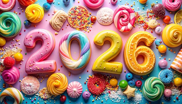 Candy-themed 2026 digits with colorful sweets on pink and blue background for editorial New Year photography festive celebration decor and poetic joy-themed visuals