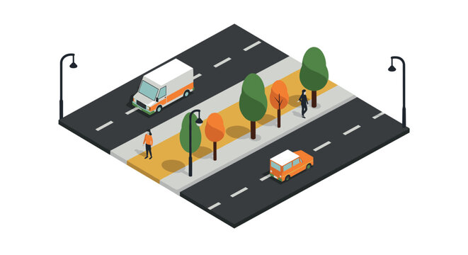 Isometric autumn streetscape with vehicles and pedestrians on a treelined avenue