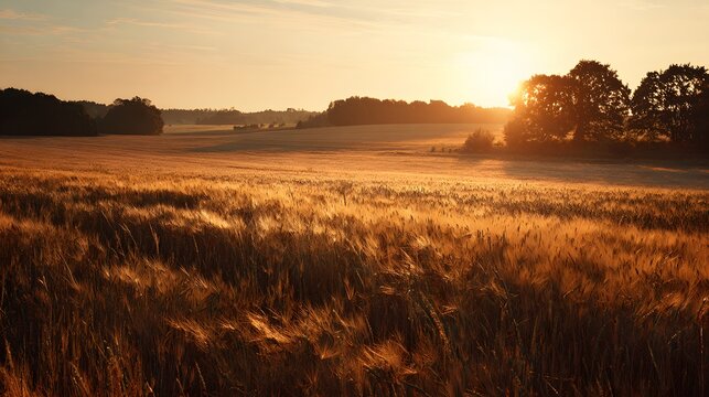 Golden grain field glows brilliantly under the bright morning sun setting behind distant trees.