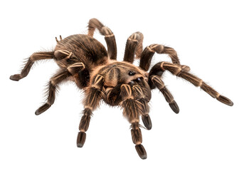 Hairy brown tarantula spider crawling slowly now isolated on a transparent or white background. PNG
