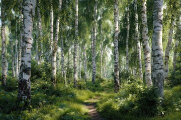 Fototapeta premium Birch tree forest in summer showcasing lush greenery and a winding path, inviting exploration and tranquility amid natural beauty