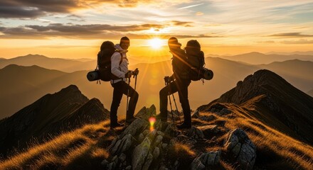 Obraz premium Hikers on mountain ridge at sunset with stunning golden hour views
