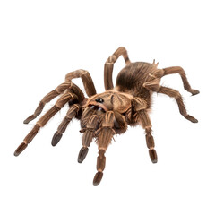 Hairy brown tarantula spider crawling slowly now isolated on a transparent or white background. PNG
