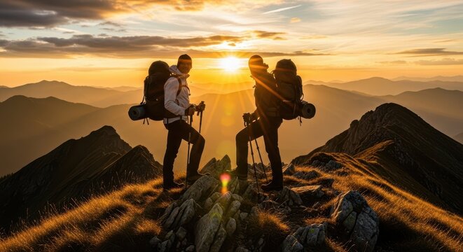 Hikers on mountain ridge at sunset with stunning golden hour views
