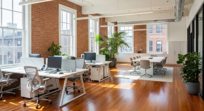 Modern office space with exposed brick, desks, and a conference table