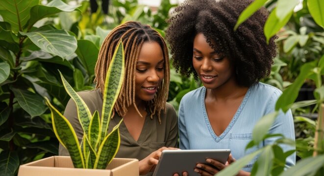 Two women in a plant shop looking at a tablet together