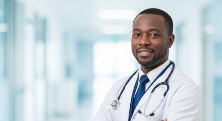 Smiling African-American doctor with stethoscope in a modern hospital setting