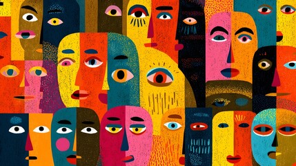Vibrant mosaic of diverse human faces forms an abstract pattern symbolizing community and plurality
