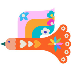 Whimsical abstract bird illustration with geometric Memphis style shapes in vibrant orange pink teal and yellow with floral and heart motifs on a transparent background