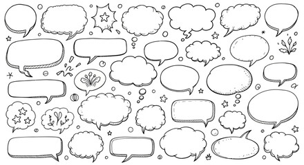 Hand drawn collection of various speech bubbles and thought clouds with decorative elements