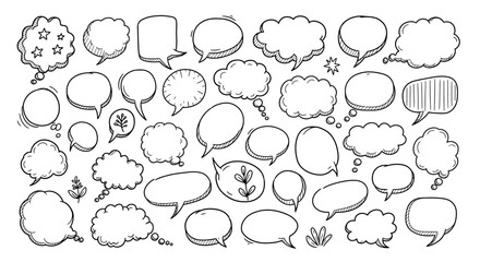Collection of hand drawn speech bubbles and thought clouds in sketchy doodle style