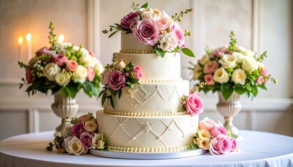 Three-tiered wedding cake with cascading fresh flowers and berries on ivory frosting for editorial event photography romantic celebration decor and poetic elegance-themed visuals