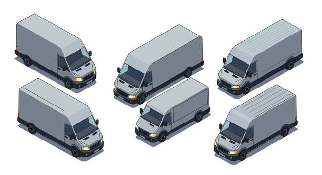 Isometric cargo van set from multiple angles