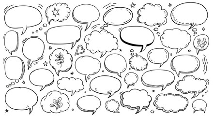 Collection of hand drawn speech bubbles and thought clouds in a doodle style black and white illustration