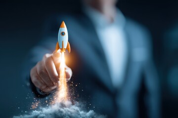 Businessman launches investment growth with rocket concept symbolizing innovation in technology and finance
