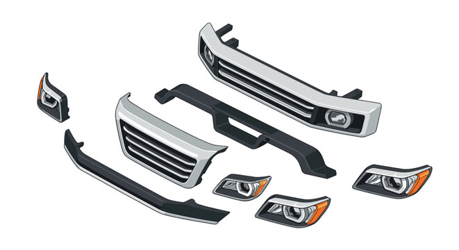 Auto parts diagram highlighting bumpers and headlights in isometric design
