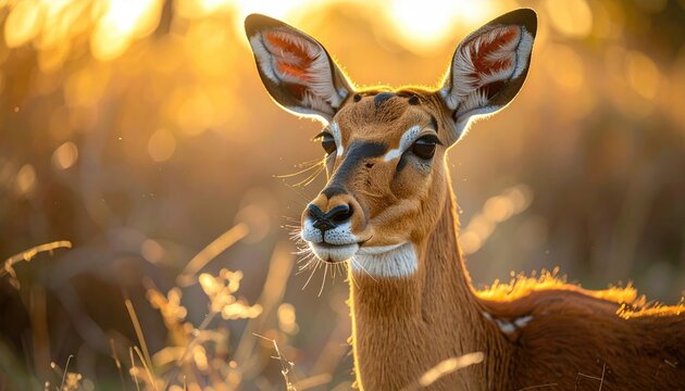 Close up of an antelope drinking water during golden hour with sun flare in the background and soft focus bokeh
