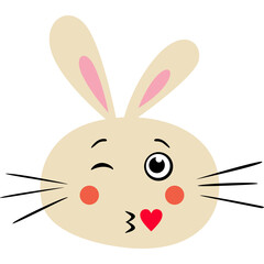 Whimsical Beige Bunny Face Expressing Affection with a Kiss and Wink on Transparent Background Cute Cartoon Easter Celebration
